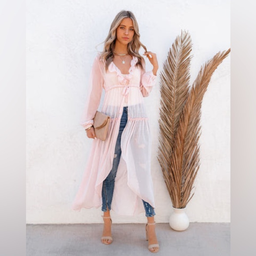 VICI Blush pink duster with ruffles and tie waste. Baby shower or gender reveal!